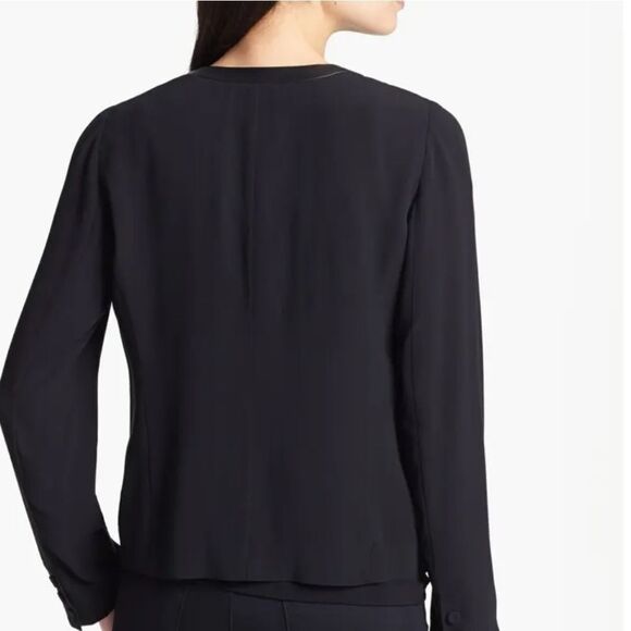 Eileen Fisher 100% Silk Chiffon Drape Front Blazer Leather Trim Black Small - Picture 6 of 12
